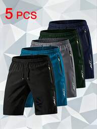 5 piezas de pantalones cortos deportivos de verano para hombres - Secado rápido, bolsillos con cremallera, diseño con cordón, ajuste holgado. Adecuado para correr, fitness, ciclismo, baloncesto, tenis, actividades al aire libre, uso casual, playa y skate, diseñado para hombres