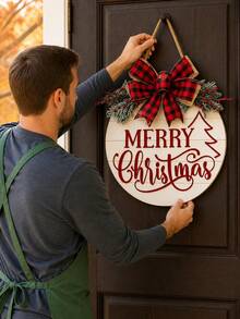 1pc Christmas Party Door Sign Decoration, Christmas Wooden Hanging Ornament, Christmas Decor, Artificial Woven Christmas Wreath, Wooden Door Wreath, Suitable For Home, Garden And Outdoor Holiday Decoration, Front Door Decor - Multicolor - View 5