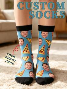 1 Pair Unisex Customized Face & Pizza Pattern Blue Elastic Fabric Comfortable Novelty Ankle Socks, Suitable As Birthday Gift/Casual Daily Wear - Multicolor - View 2