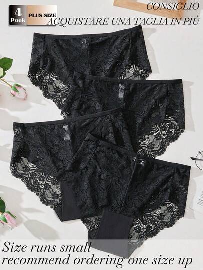 Set da 4 pezzi di mutandine da donna taglie forti con bordo in pizzo, misure vita da 0XL a 4XL: 65, 71, 77, 83, 89 cm, la misurazione fatta a mano può avere un errore di 1-2 cm
