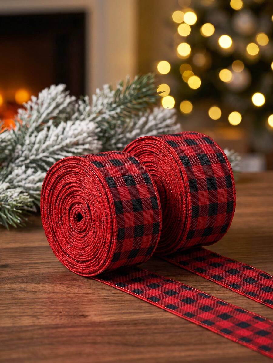 2/1 Roll Christmas Ribbon, Red & Black Buffalo Plaid Ribbon, Christmas Packaging Ribbon, Suitable For Wreath Making, Gift Decoration Packaging, Handmade Bow DIY, Christmas Home Decor, Room Decoration, Adding Christmas Atmosphere - Fabric Strap - View 1