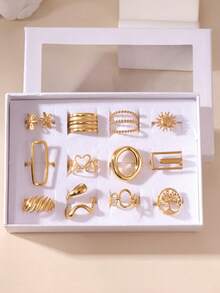 12PCS Exaggerated Elegant 18K Gold Plated Stainless Steel Heart Flower Geometric Crown Bow Rings Jewelry Box Set Gift Box Packaging Suitable For Women Daily Wear And Gifting - Gold - View 10