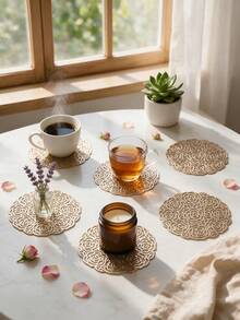 12pcs Gold Hollow PVC Drink Coasters, Washable Table Accessories, Non-Slip Tableware Mats, Breathable And Heat Dissipating, Lightweight And Easy To Store, Suitable For Restaurants, Cafes, Homestays, Perfect For Afternoon Tea, Holidays, Parties, Gatherings, Birthdays, Weddings, Dinner Parties - Multicolor - View 6