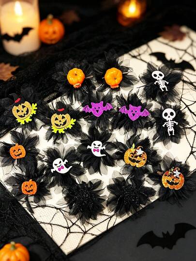 2pcs Women's Halloween 3D Pumpkin Bat Ghost Skeleton Spider Black Tulle Flower Hair Clips For Cosplay Party Festival