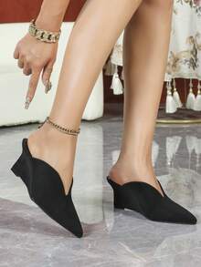 Women's Wedge Heel Pumps, Women's Black Deep Cut Slip-On Pointed Toe Wedge Heel Pumps - Black - View 3