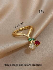 1Pc/Set Sweet Cute Cherry Charm Heart Red Zirconia Open Ring Gold Jewelry Set,For Women,Daily,Party,Anniversary,Valentine Birthday Gifts,Christmas,Y2K - Multicolor - View 9