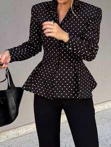 Unadoll Women's Autumn Black Polka Dot Ruffle Trim Blouse, Elegant Long Sleeve Slim Fit Shirt, Fashionable For Commuting, Office And Back To School - Black - View 8