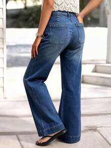 Celana Jeans Denim Stretch Wanita Model Lurus Longgar Terbaru, Gaya Kasual Musim Semi/Gugur - Dark Wash - View 6