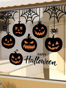 1pc Halloween Pumpkin Window Sticker, Pumpkin Silhouette And Spider Web Glass Decal, Halloween Holiday Decoration Window Sticker, PVC Non-Adhesive Static Cling Sticker, Home Decor Holiday Party Setup Window Sticker - Black - View 3