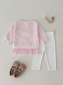 2Pcs/Set Baby & Toddler Girls Mesh Patchwork Sweatshirt Set, Ballet Girl Print Top With Frill Trim Leggings, 2 Pieces Outfit, Spring/Autumn - Pink - View 8