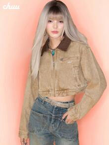 CHUU Women's Collared Zip-Up Jacket, Autumn Casual Versatile Youthful Sweet Cool Crop Top - Coffee Brown - View 5