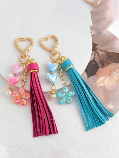 1pc Bohemian Style Heart Tassel Keychain, Heart Pendant Key Ring, Bag Charm Accessory, Women's Holiday And Daily Gift