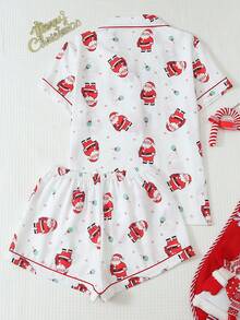 2pcs/Set Comfortable Santa Claus Candy Print Short Sleeve Collared Top And Bow Shorts Women's Pajama Set - White - View 2
