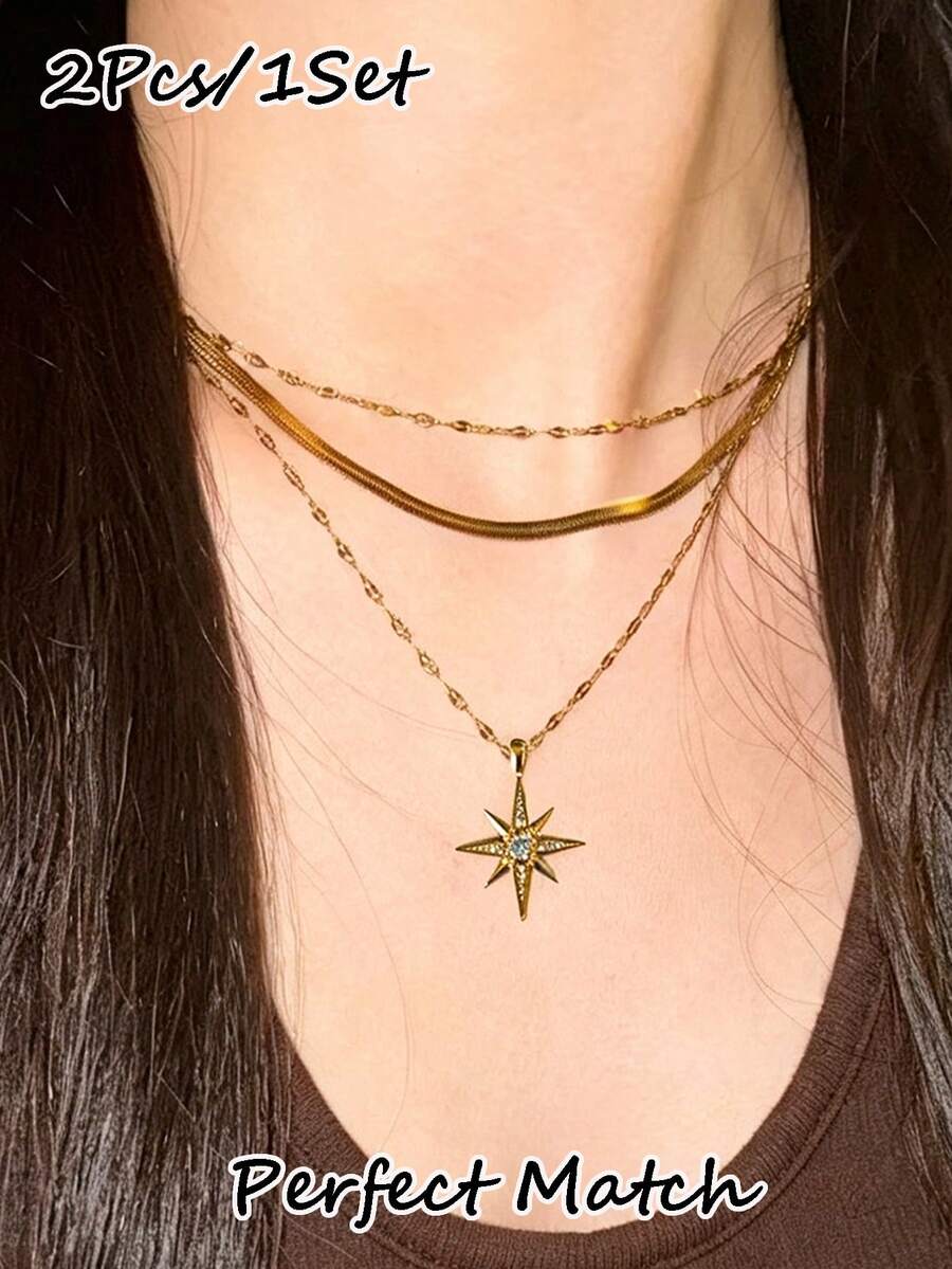 2件組女款項鍊套組 時尚極簡多層星星吊墜項鍊 日常派對約會搭配珠寶禮物