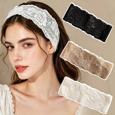 3 buah Bando Lebar Renda Wanita, Aksesori Rambut Elastis, Warna Hitam, Putih, dan Cokelat, Elegan dan Serbaguna, Cocok untuk Olahraga dan Yoga