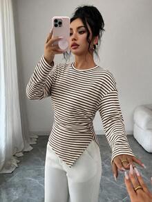 Kaos Lengan Panjang Bergaris-garis dengan Detail Ribbed, Bahu Jatuh, Hem Asimetris, Pinggang Berkerut, Potongan Slim Fit, Cocok untuk Musim Gugur/Dingin, Atasan Kasual untuk Komuter. - MultiWarna - View 3