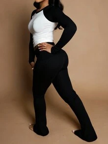 DOUCIU Women's Casual Long Sleeve Raglan Top & Flare Pants 2 Pieces Set, Mid-Stretch - Black - View 1