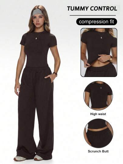 Versatile 2 Pieces Set, Fitted Cut, Matching T-Shirt And Loose Pants, Elongates Leg Line, All-Day Comfort, Essential Crew Neck Sportswear Set Summer