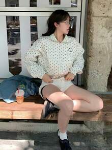 American Style Smile Embroidery Polka Dot All-Over Print Stand Collar Jacket Women Loose Casual Versatile Short Coat - White - View 1