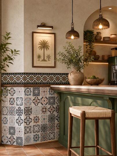 2pcs Vintage Mosaic Waistline Wallpaper Set, Peel And Stick Geometric Color Block Tile Pattern Wallpaper | Bohemian Style Floral Contact Paper, Removable Tenant-Friendly Self-Adhesive Wallpaper For Decorating Walls, Bathroom, Kitchen, Living Room, Cabinets