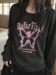 New Women Crew Neck Butterfly & Letter Print T-Shirt, Casual Comfy Cute Loose Fit Raglan Long Sleeve Top, Autumn/Winter Black Spring - Black - View 3