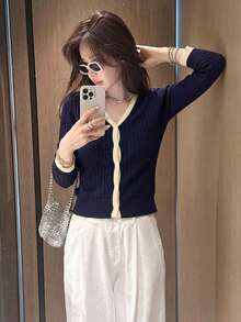 女款撞色拼接V領針織開襟外套，高品質百搭層次感毛衣上衣 - 藏青色 - 查看 4