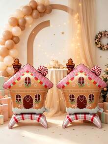 2pcs Pink Gingerbread Snow House Shaped Aluminum Foil Balloons With Standing Base, Suitable For Christmas Party Decoration - View 5