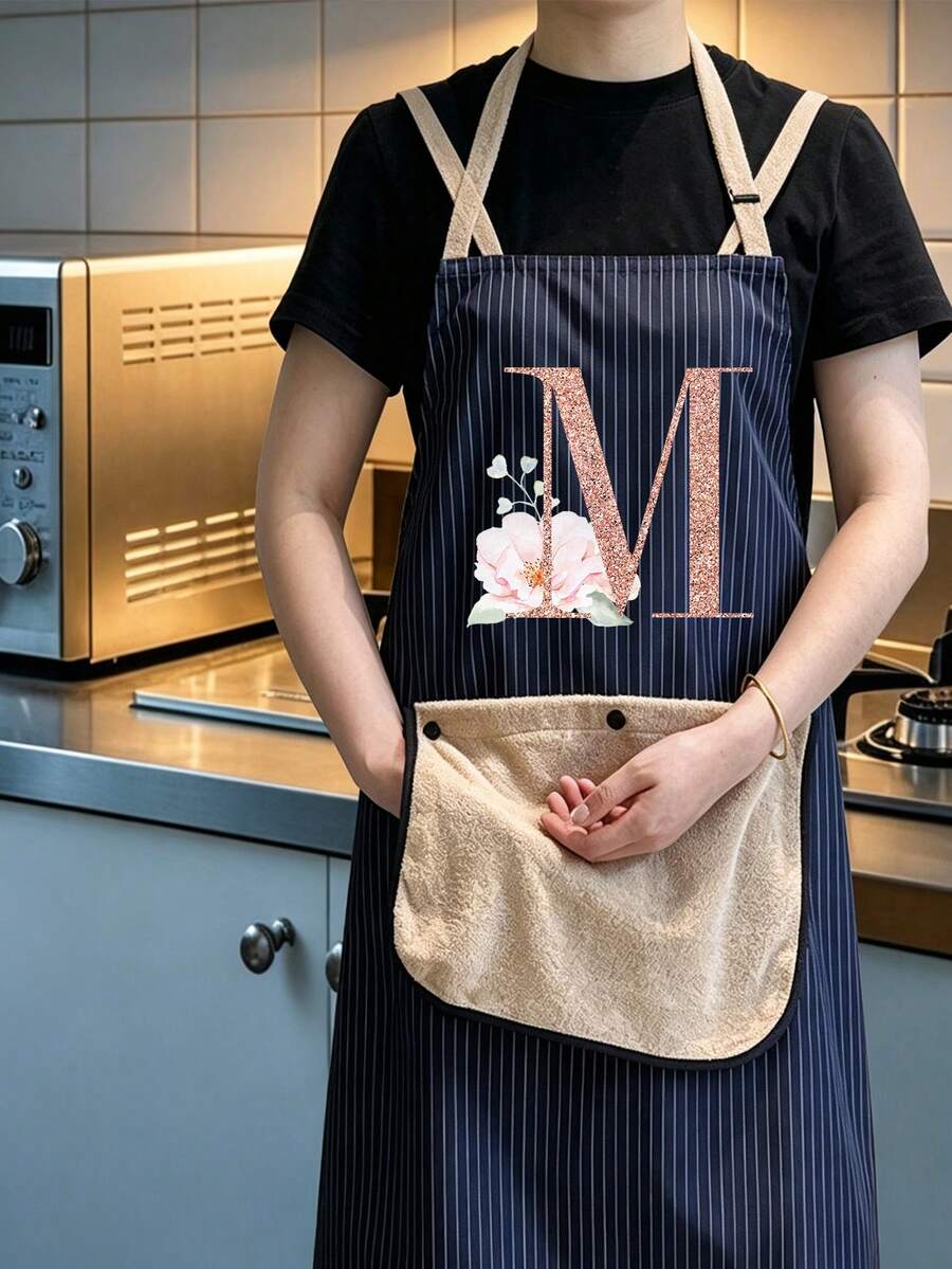 1pc Kitchen Apron With Detachable Towels Black Cat Holding Knife With Two Pockets Durable And Easy To Clean, Ideal For Baking, Cooking, Home And Restaurant Use - Multicolor - View 1