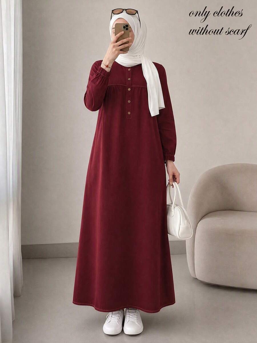 Solid Color Round Neck Half-Button Half-Open Long Dress, Casual Elegant All-Season Dress Fall