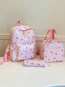 New Bow Print Laptop Backpack, Suitable For Elementary, Middle And High School Students - Pink - View 3