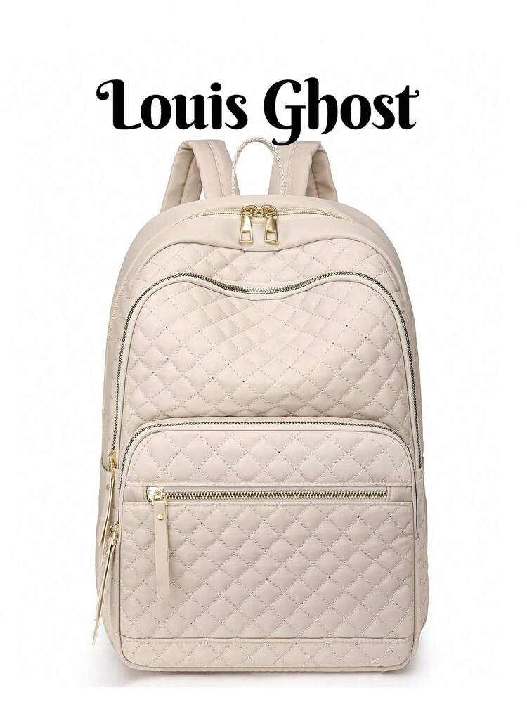 Women's Nylon Solid Color Quilted Large Capacity Versatile Backpack, Minimalist Casual Student Backpack, Travel Bag, Commuter Bag - Beige - View 1