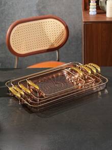 Tray, Gold Thickened Transparent PET Rectangular Tray With Handles, Plastic Storage Tray, Suitable For Tea Cups, Water Cups, Gold Rim Style - Amber - View 13