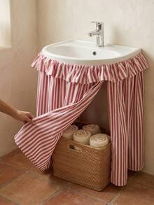 1/2pcs Red Striped Farmhouse Ruffle Sink Skirt Decorative Cabinet Curtain Bathroom Kitchen Sink Skirt Brown Striped Pleated Short Curtain Home Classroom Country Style Table Privacy Curtain Laundry Room - Red - View 6