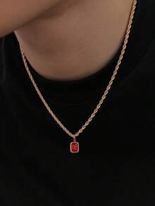 1pc Vintage Twisted Rope Chain Square Red & Blue Crystal Pendant Necklace, Luxury Minimalist Square Rhinestone Collarbone Chain, Versatile Layering Neck Accessory For Daily Commute - Gold + Red Diamond - View 2
