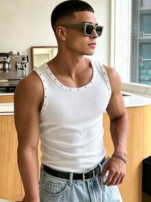 WAIT HIM Men's Sleeveless Ribbed Tank Top, Metal Rivet Decor On Neckline And Armholes, Classic Crew Neck, Casual Summer Essential - White - View 10