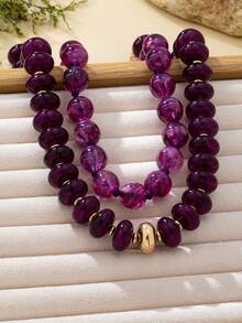 OABE 2pcs/Set Bohemian Style Purple Beaded Layered Necklace Set With Round And Oval Beads, Suitable For Women's Daily Wear - Purple - View 4