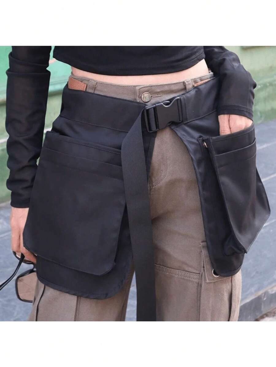 1pc Pure Black Waterproof Polyester Waist Apron, Street Cargo Style Style Tool Waist Bag, With Quick Release Buckle And Multiple Metal Snap Pockets, Adjustable Waistband Multi-Functional Work Storage Apron, Suitable For Barbers, Florists, Gardeners, Salon Daily Use - Multicolor - View 1