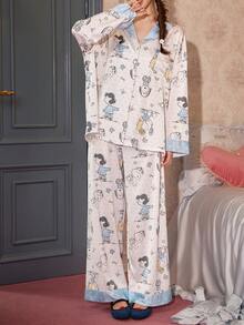 Gongdie 2 Pieces Snoopy Women's Pajama Set,Spring Fall White Silk Soft Loungewear With Light Blue Polka Dot Contrast Trim And Peanuts Characters Print - White - View 11
