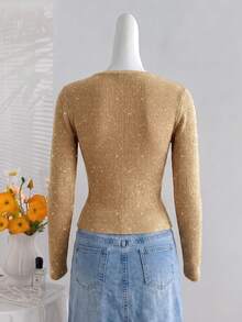 Women's Ribbed Knit V-Neck Long Sleeve Sweater, Gold Metallic Thread Pullover, Slim Fit Top, Autumn/Winter Outfit - Multicolor - View 4