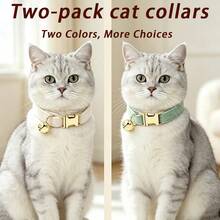 2pcs Cream + Mint Green Soft Velvet Cat Collar With Gold Bell Metal Buckle, Adjustable Size Comfortable Wear, Universal For Cats And Small Dogs Pet Neck Collar Accessory, St. Patrick's Day, Easter - Cream White & Mint Green - View 5