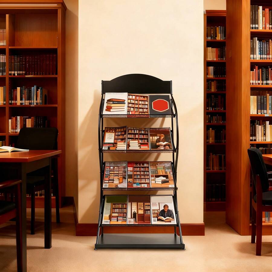 65*30*146cm 4‑Tier S‑Shaped Iron Floor‑Standing Magazine Rack With DIY Billboard, Tilted Grid Display Shelf, 33.06 Lbs Per‑Tier Load‑Bearing For Office Study Bookstore Library, Black - Black - View 1