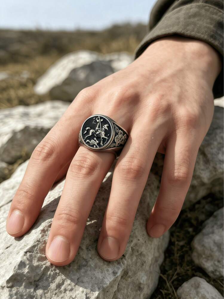 1件聖喬治屠龍 316L不鏽鋼戒指，復古凱爾特結雕刻男士戒指，不褪色 - 聖喬治屠龍騎士男士戒指 - 查看 7
