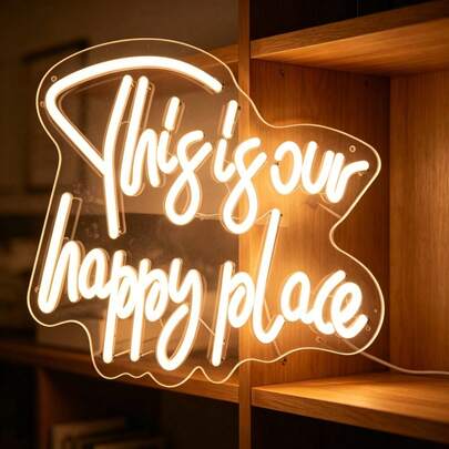 This Is Our Happy Place Letter LED Neon Light, Bedroom Wall Decor Lamp, USB Powered Party Atmosphere Glowing Sign