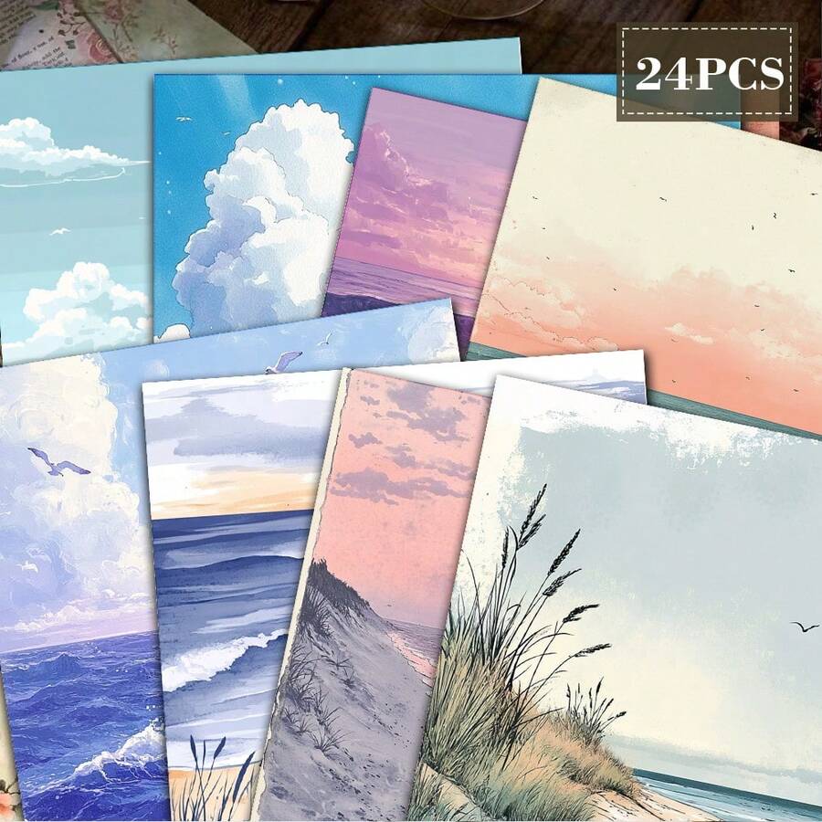 24 Sheets Beach Ocean Scenery Scrapbook Paper, 6 Inch Square Non-Repeating, Watercolor Beach Sunset Ocean Seagull Landscape Background Paper, Junk Journal Collage Decorative Paper, DIY Handmade Greeting Card Creation, Artistic Style Handmade Small Gifts - Square - View 1