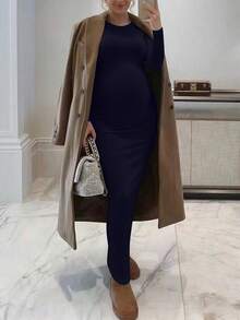 孕婦純色圓領長袖修身優雅洋裝 - 藏蓝色 - 查看 2