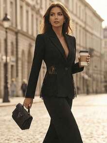 Fashionable Women's V-Neck Long-Sleeve Blazer, Solid Black With Lace Cutout Waist Detailing, Suitable For Work, Dates, And Everyday Wear Fall - Black - View 1