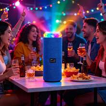 Parlante Bluetooth Portátil con Efectos de Luz RGB, Radio FM y Ranura para Micro SD, Bocina Recargable de Tela con Correa, Sonido Potente para Fiesta y Exterior - Azul - Ver 4