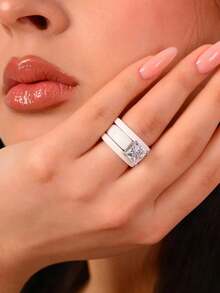 Set Cincin Silikon 3 Buah dengan Batu Zirkonia Potongan Persegi, Cocok untuk Pemakaian Sehari-hari, Pernikahan, Hari Valentine, Ulang Tahun, dan Acara Pemberian Hadiah. - Cincin silikon hitam dan putih - View 10