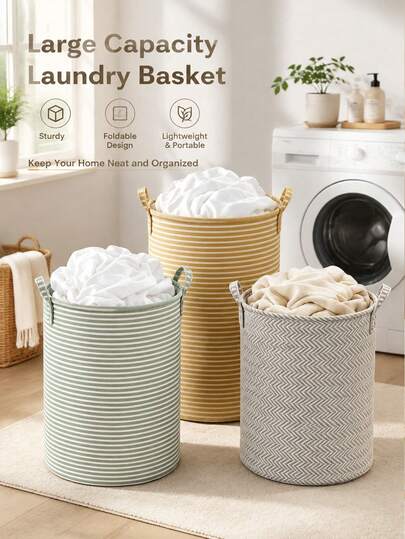 Fresh Striped Clothing Storage Basket, Large Capacity Foldable Laundry Basket, Dirty Clothes Basket, Miscellaneous Storage Basket, Suitable For Storing Clothes And Miscellaneous Items, Suitable For Bedroom, Bathroom, Living Room And Other Places