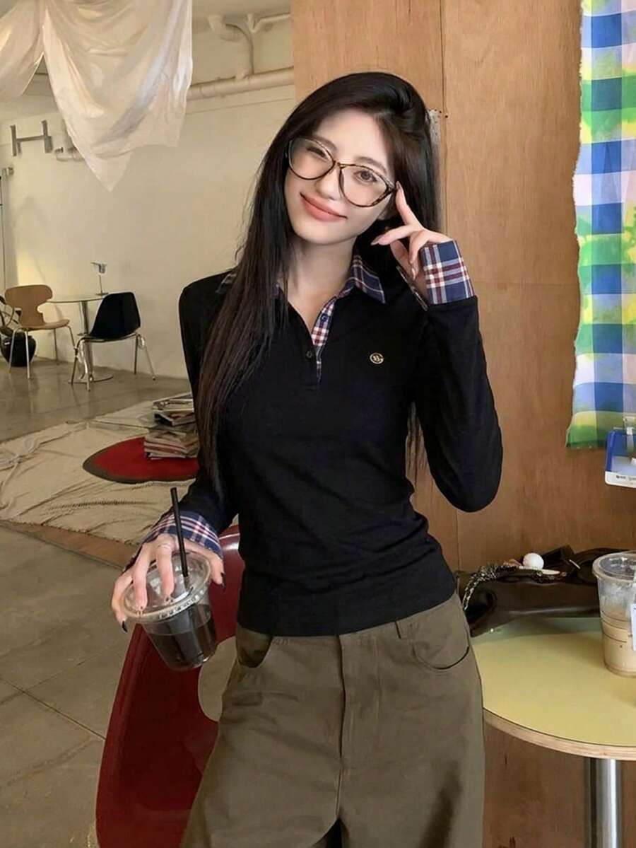 2 In 1 Plaid Patchwork Polo Collar Long Sleeve T-Shirt - Black - View 1